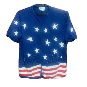 The Quaker Factory Patriotic American Flag Stars Cardigan Short Sleeve Sz L VTG